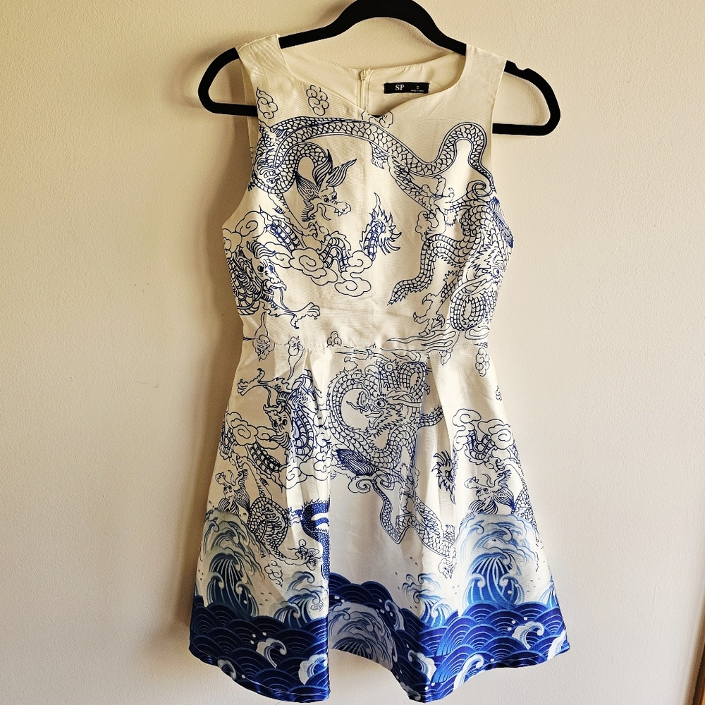 Vibrant Blue and White Dragon Print Dress